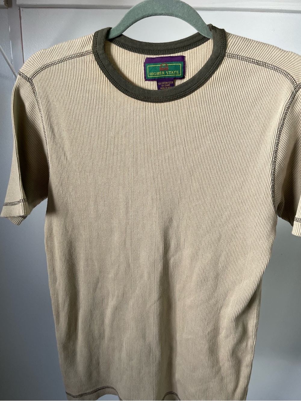90s Higher State Ribbed Crewneck Tee in Beige with Olive Trim